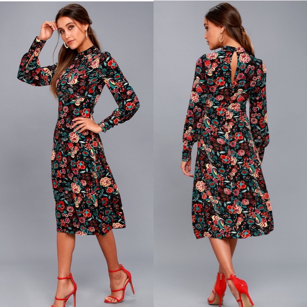 NWT Lulus Retro Ready Floral Print Midi Dress